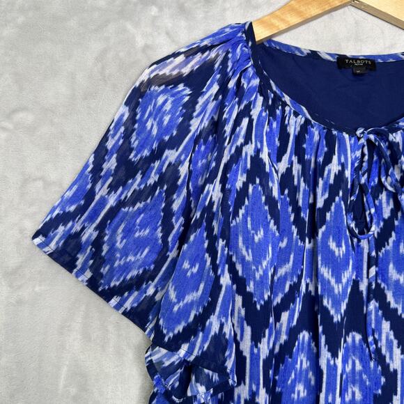 Talbots Blouse Womens XLP Petite Ikat Print Short Sleeve Tie Neck Top Polyester - Picture 4 of 9